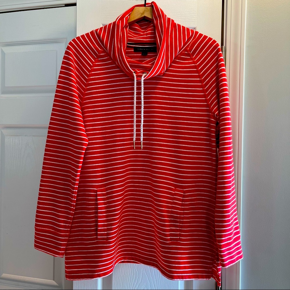Tommy Hilfiger Striped Cowl Neck Tunic Red and White With Draw String & Pocket